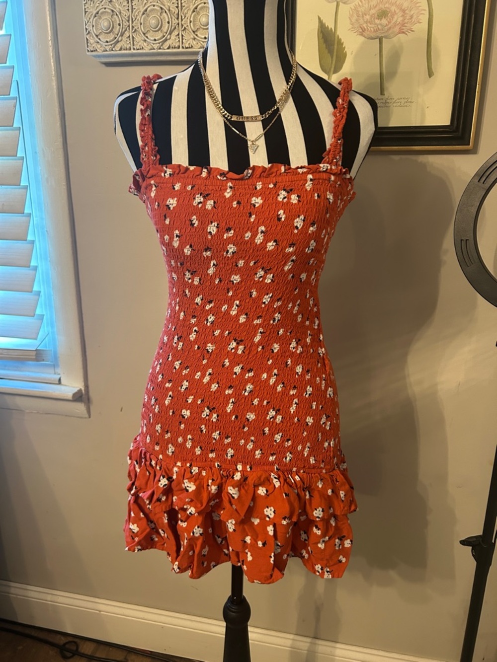 Y2K Guess Red Floral Bodycon Dress Ruffle Hem Mini SZ M
